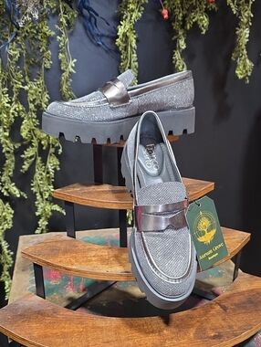 NEW! Franco Sarto Silver Textured Platform Slip-On Loafers